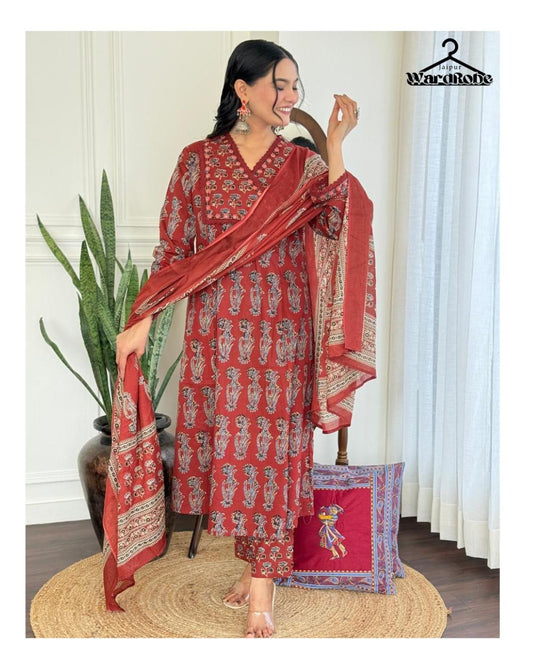 Traditional Rust Red Block Print Cotton Kurta Set with Dupatta