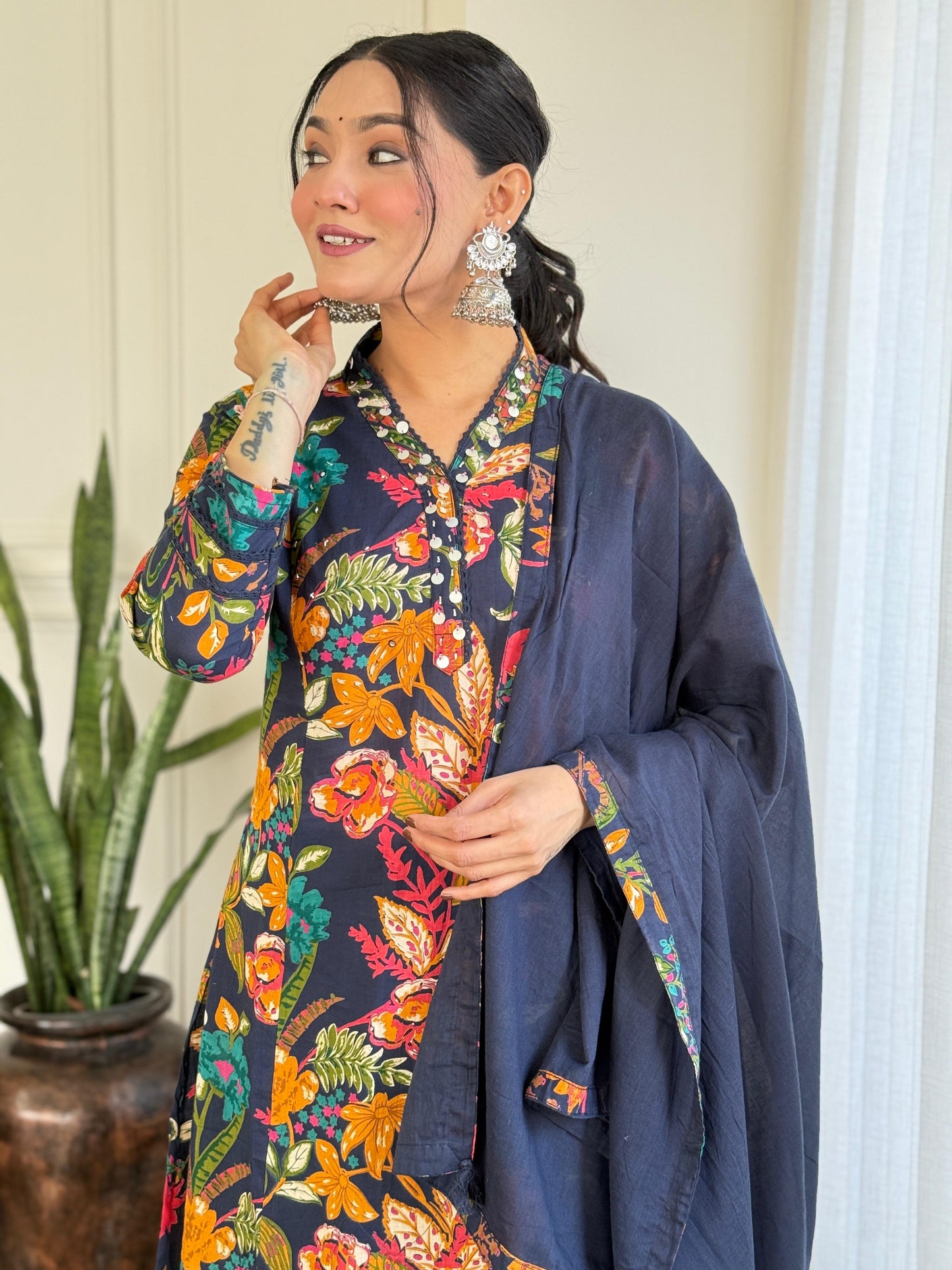 Midnight Blue Floral Embroidered Cotton Kurta Set with Dupatta