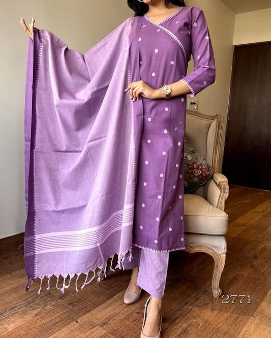 Women's Elegant Polka Dot Cotton Kurta Pant Dupatta Set