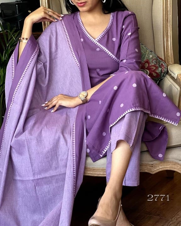 Women's Elegant Polka Dot Cotton Kurta Pant Dupatta Set