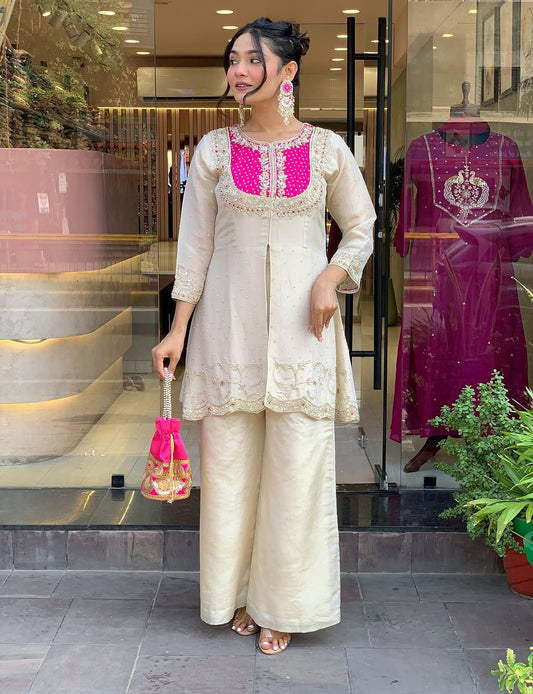 Elegant Ivory & Fuchsia Embroidered Cotton Silk Kurta Set with Palazzo