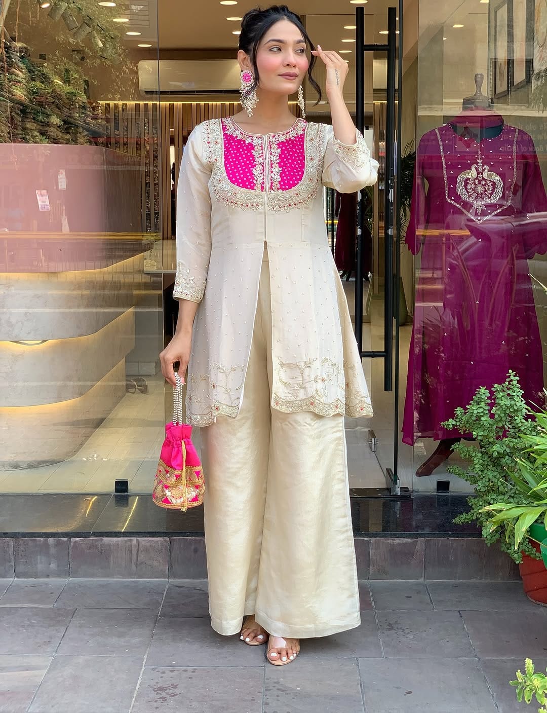 Elegant Ivory & Fuchsia Embroidered Cotton Silk Kurta Set with Palazzo