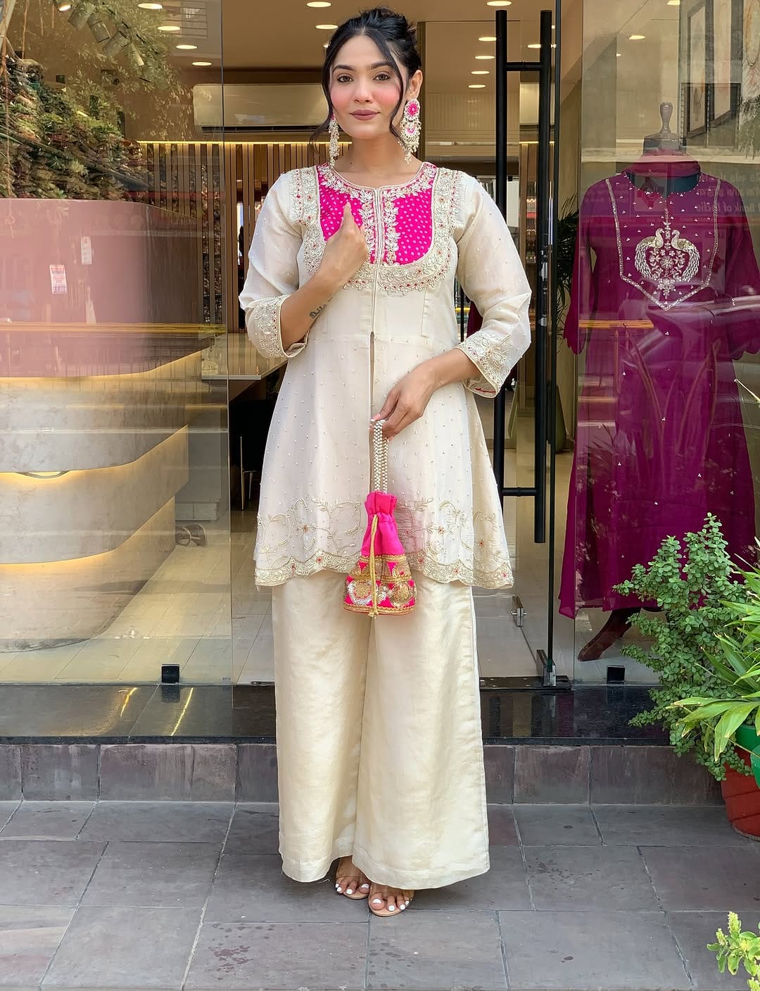 Elegant Ivory & Fuchsia Embroidered Cotton Silk Kurta Set with Palazzo