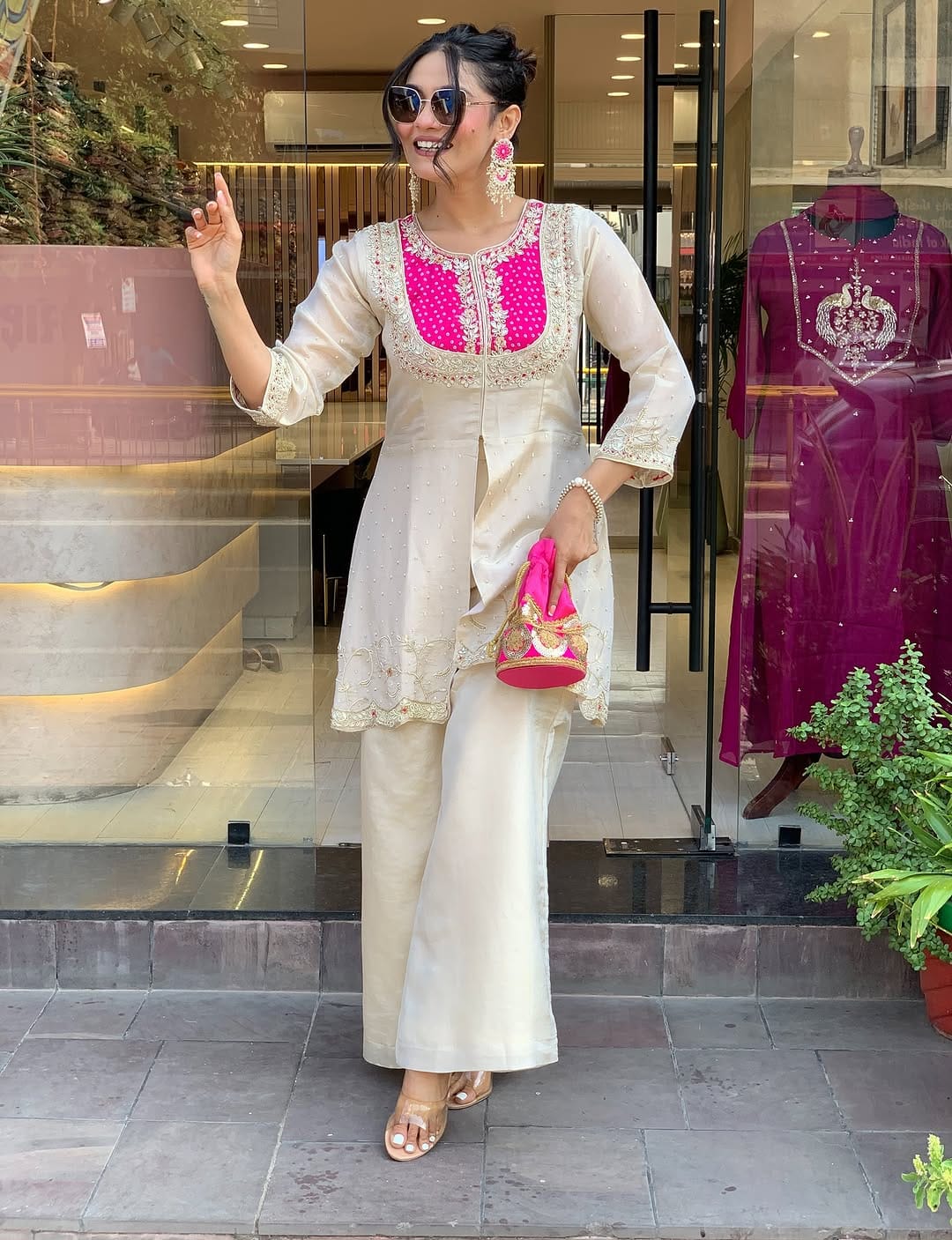 Elegant Ivory & Fuchsia Embroidered Cotton Silk Kurta Set with Palazzo