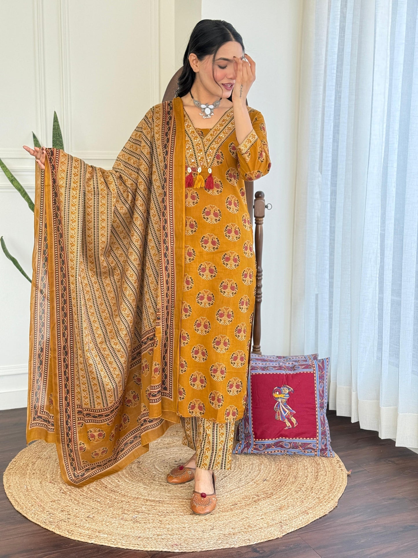 Women's Printed & Hand Embroidered Kurta Pant Dupatta Set