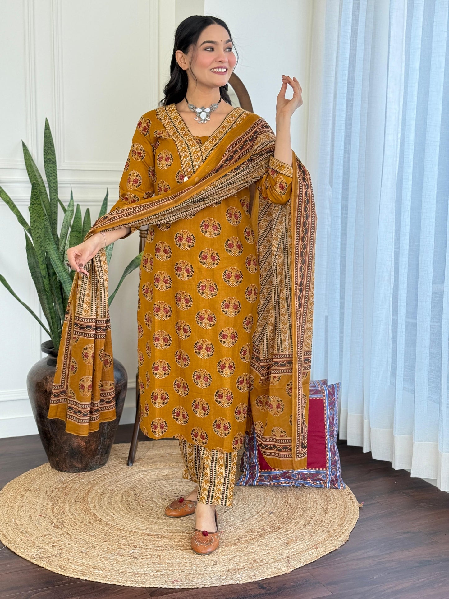 Women's Printed & Hand Embroidered Kurta Pant Dupatta Set