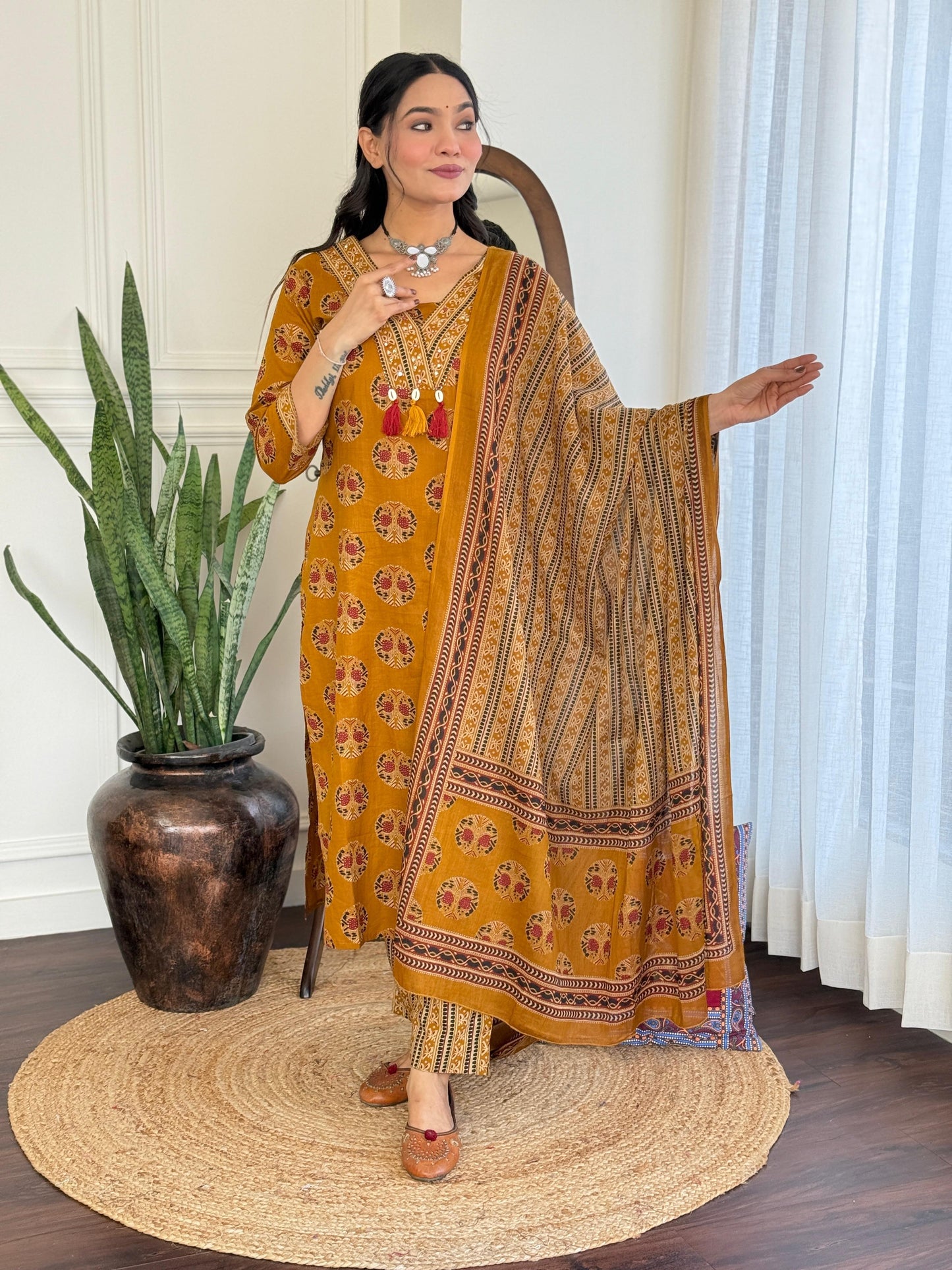 Women's Printed & Hand Embroidered Kurta Pant Dupatta Set