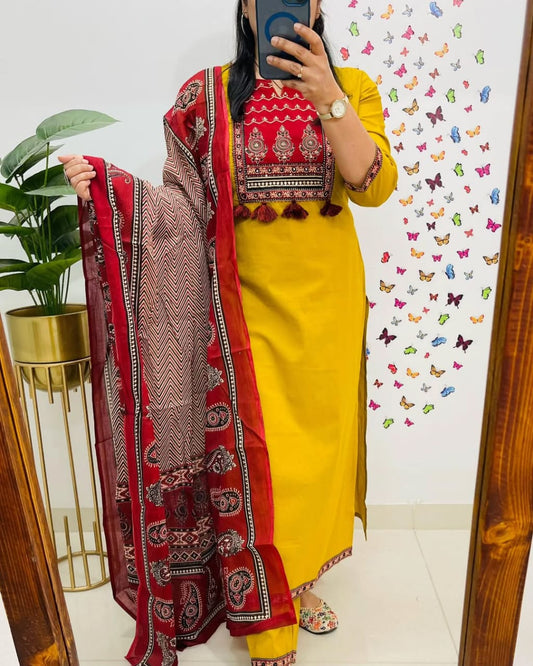 Bring on the sunshine with our Mustard and Maroon Kurta Set!