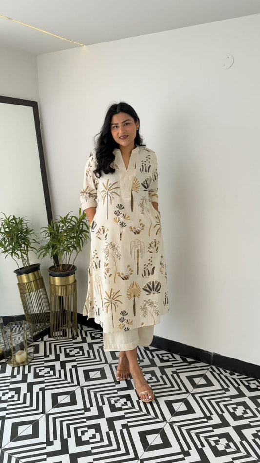 Ivory Palm Print Kurta Set.