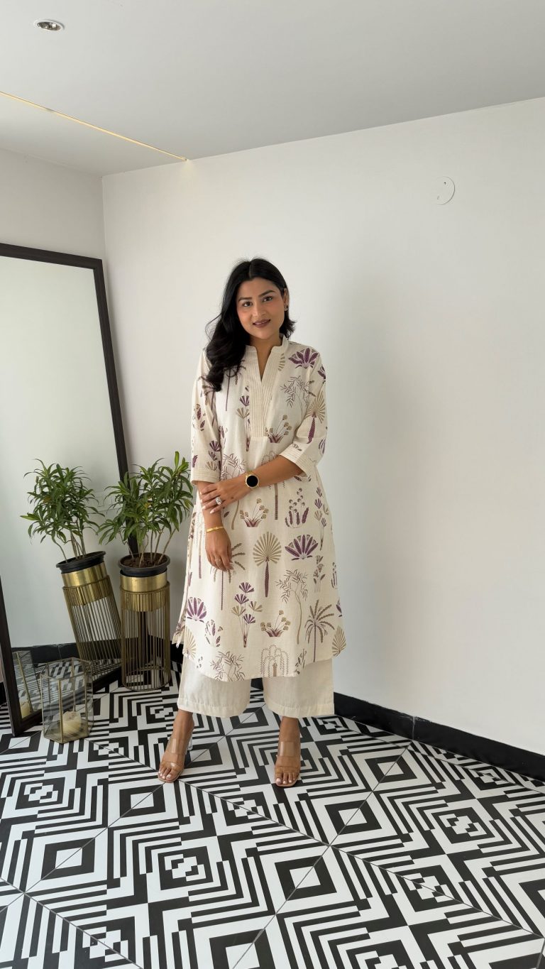 Ivory Palm Print Kurta Set.