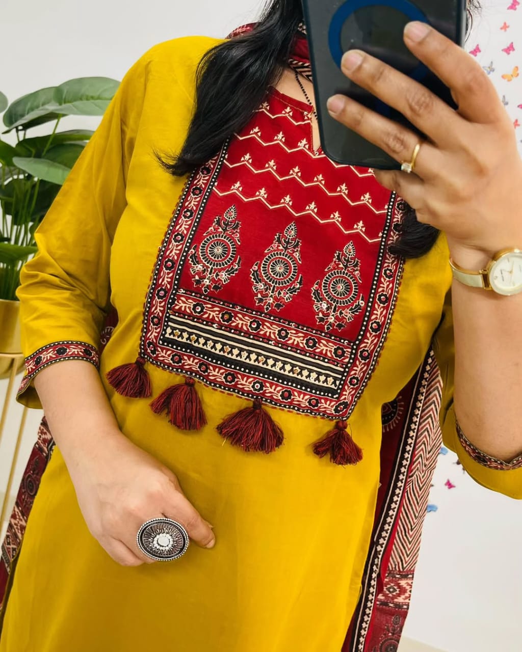 Bring on the sunshine with our Mustard and Maroon Kurta Set!