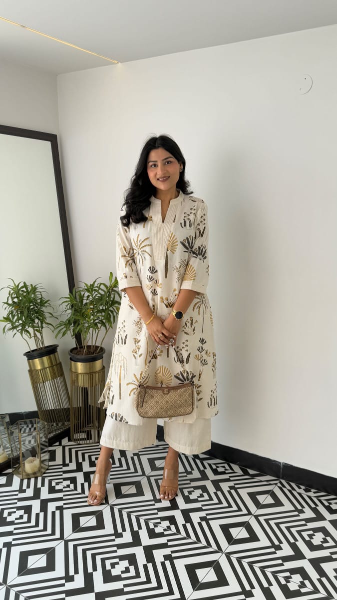 Ivory Palm Print Kurta Set.