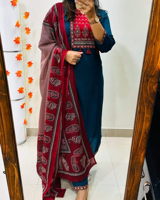 blue and maroon kurta pant Dupatta set.