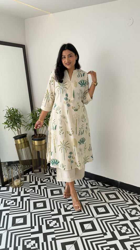Ivory Palm Print Kurta SetWomen Printed pure cotton Kurta Pant