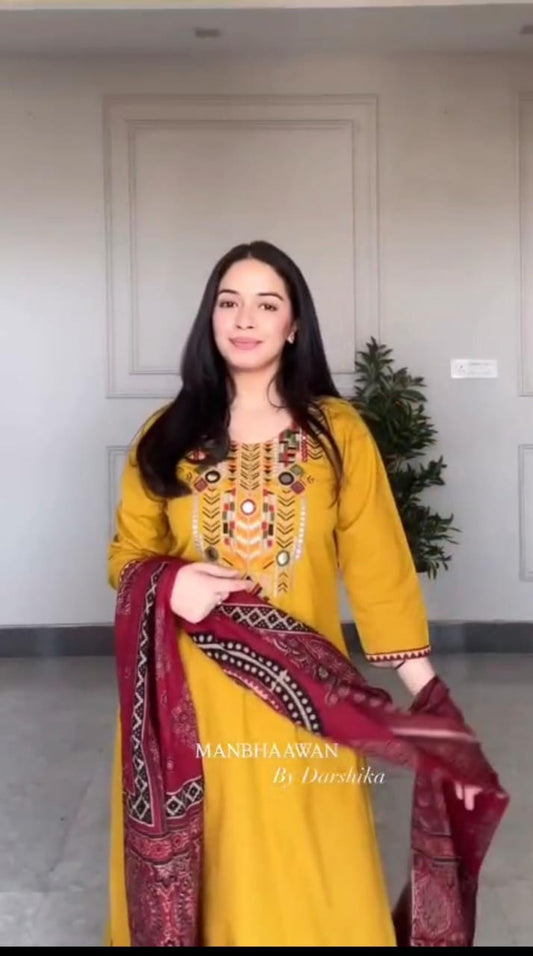 Bring on the sunshine with our Mustard and Maroon Kurta Set!