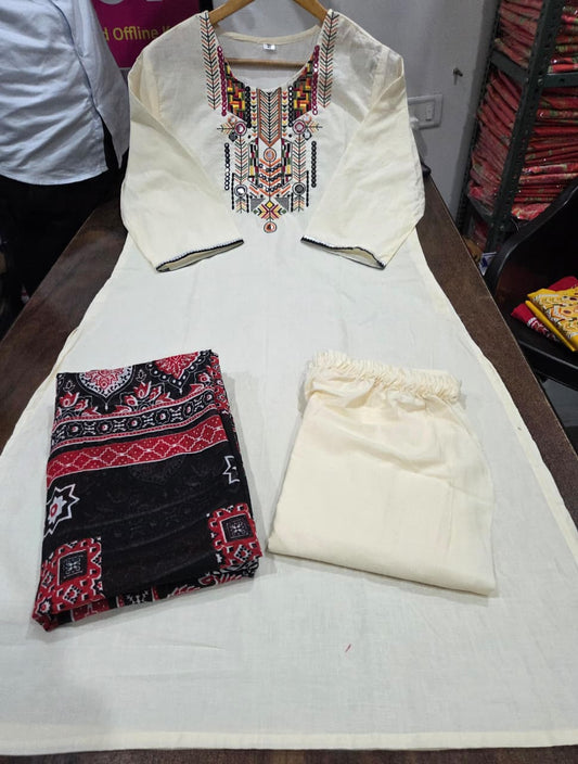 Classic Ivory Embroidered Kurta Set with Printed Dupatta