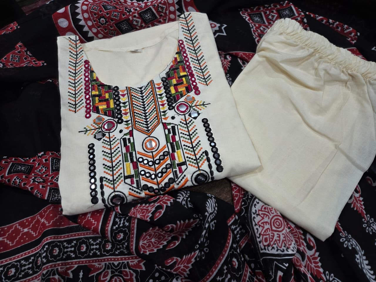 Classic Ivory Embroidered Kurta Set with Printed Dupatta