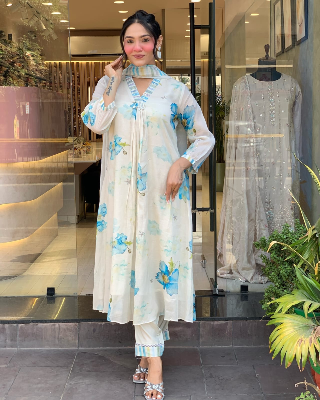 Hand-Painted Floral Anarkali Set