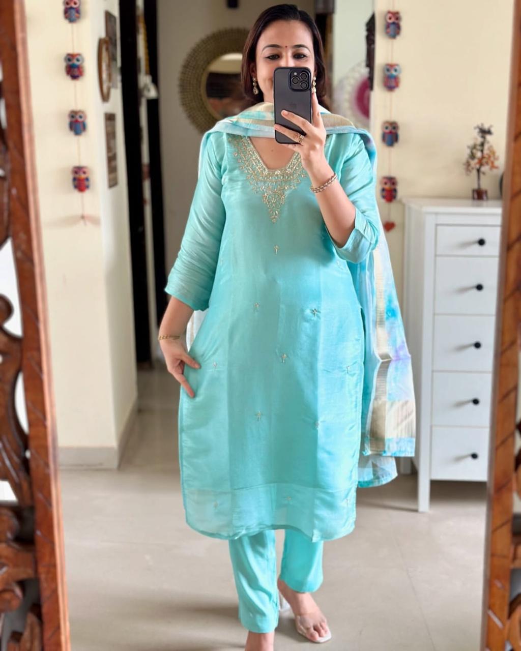 Aqua Blue Silk Kurta Set with Dupatta