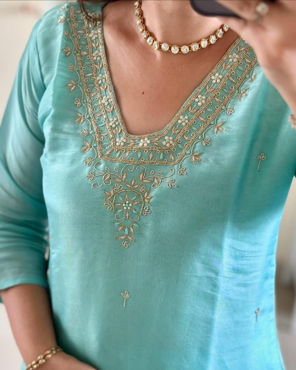Aqua Blue Silk Kurta Set with Dupatta