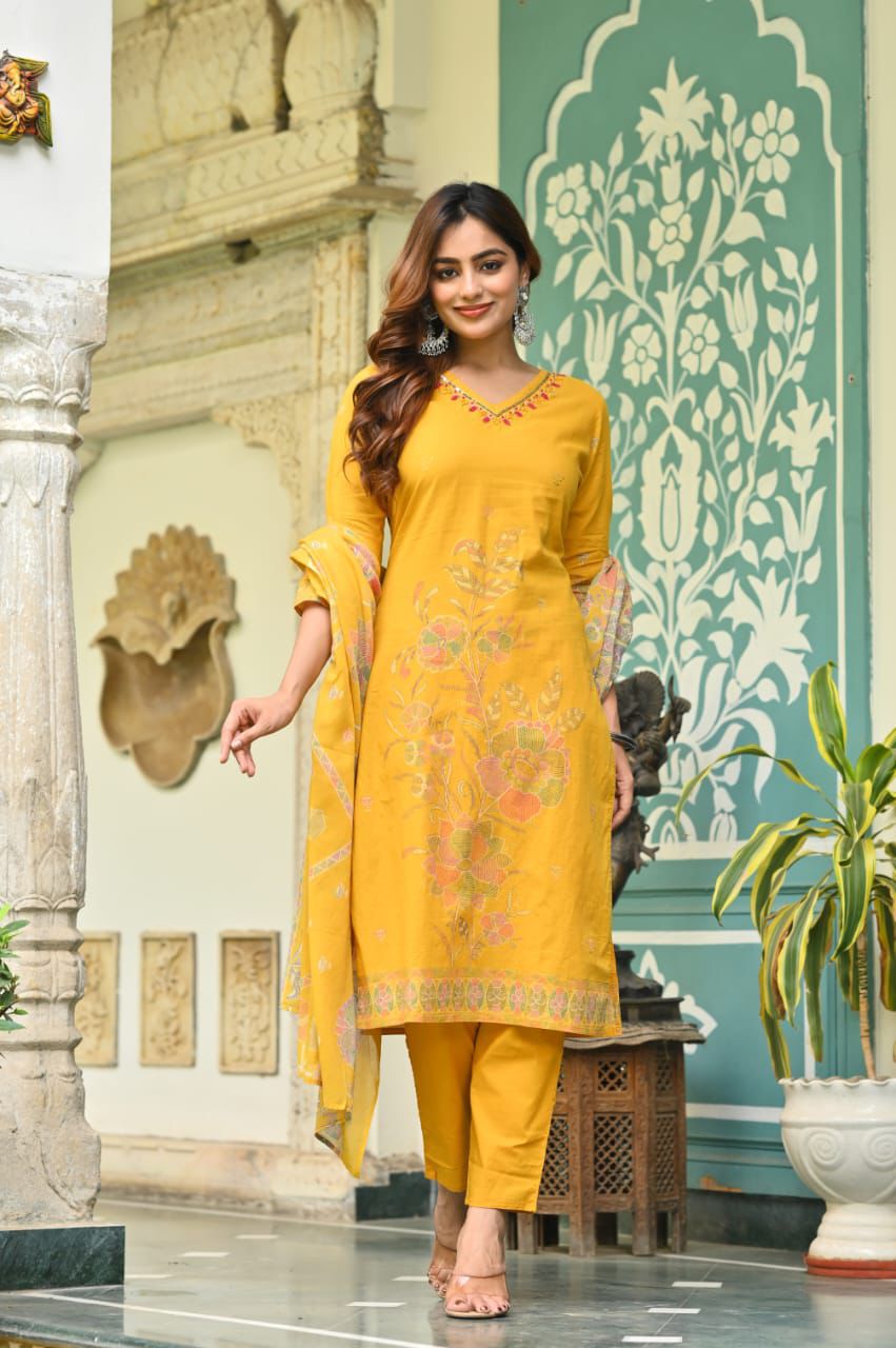 Mustard Yellow Kurta Set with Printed Dupatta