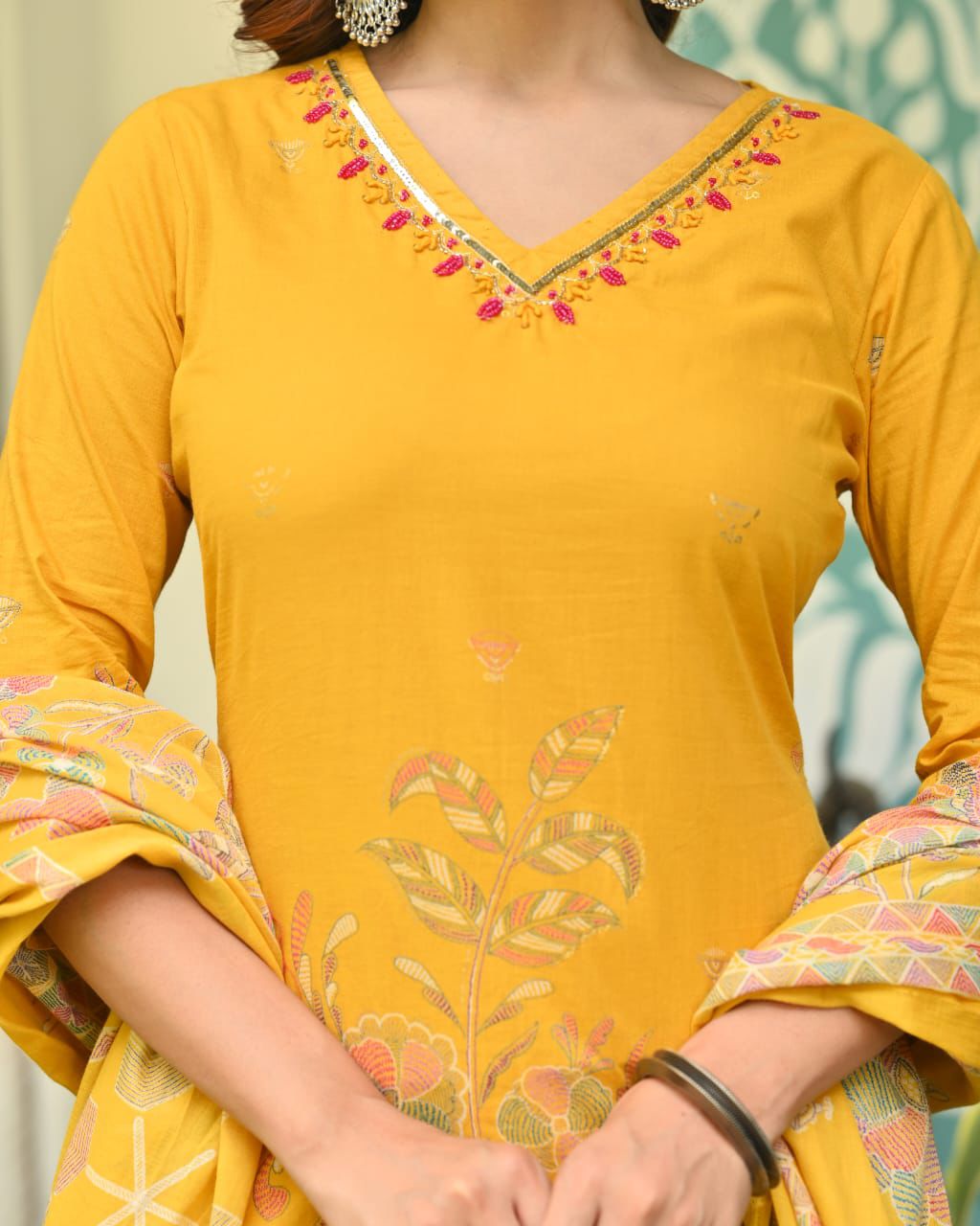Mustard Yellow Kurta Set with Printed Dupatta