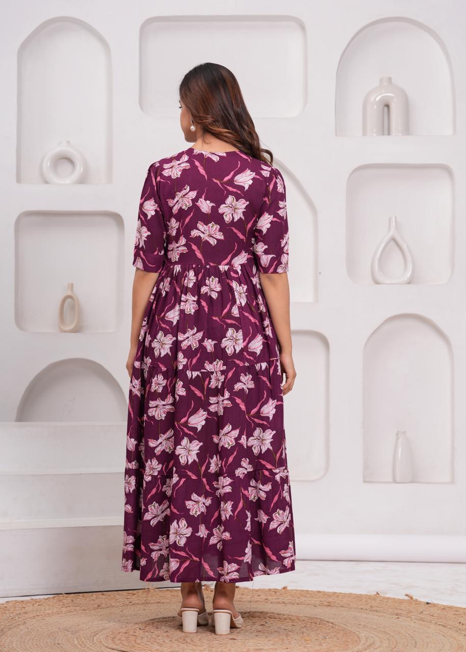 Elegant Plum Floral Tiered Dress