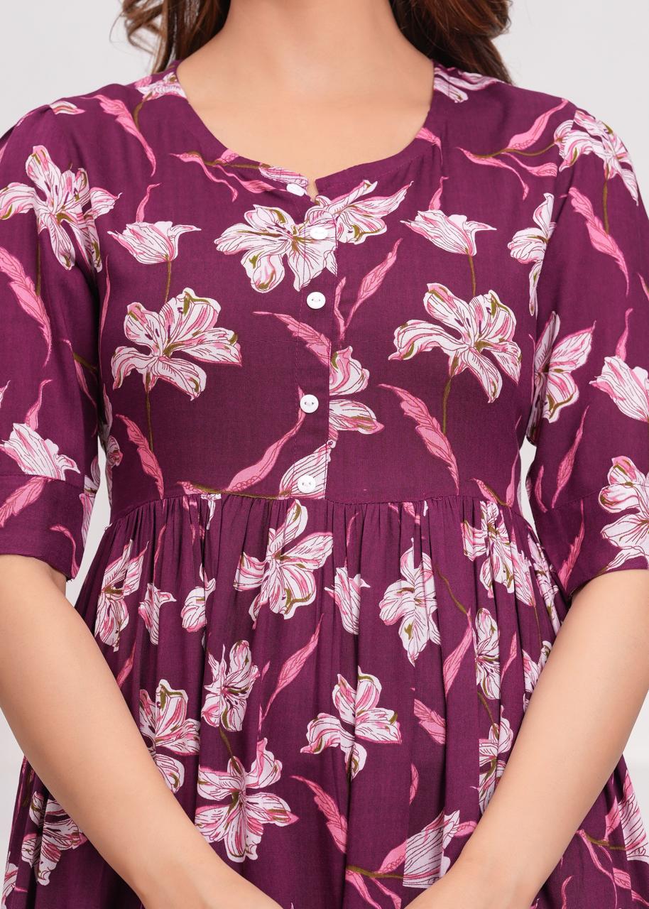 Elegant Plum Floral Tiered Dress