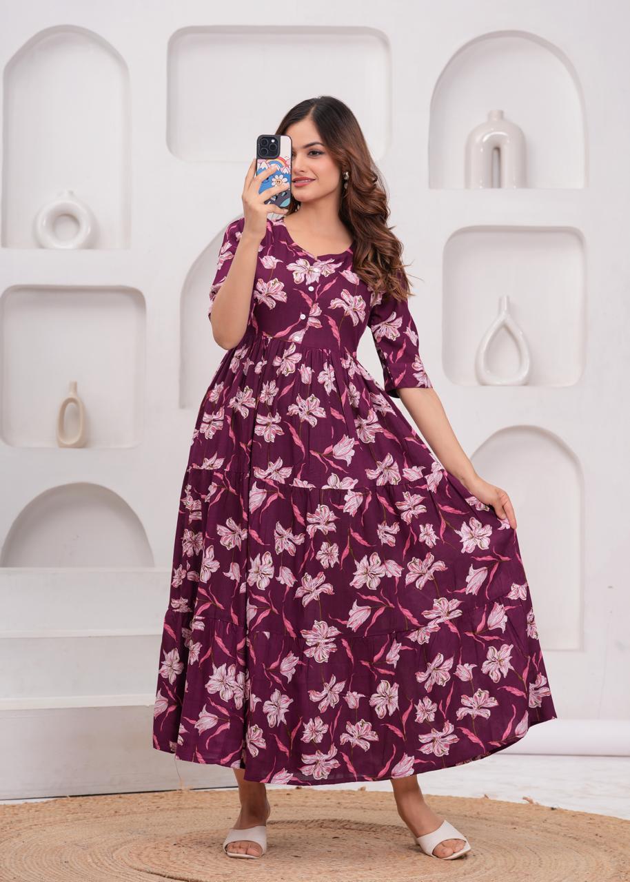 Elegant Plum Floral Tiered Dress