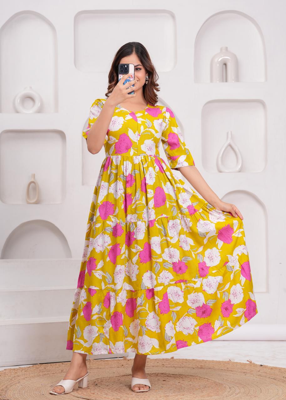 Yellow & Pink Floral Tiered Maxi Dress