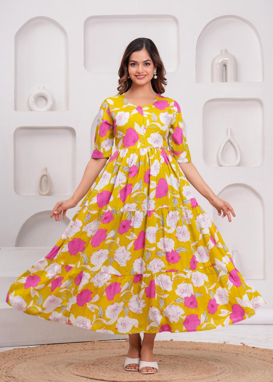 Yellow & Pink Floral Tiered Maxi Dress