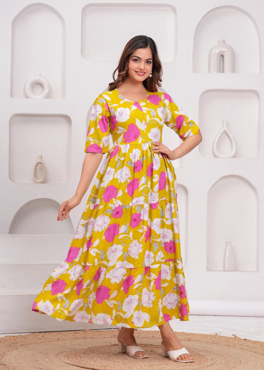 Yellow & Pink Floral Tiered Maxi Dress