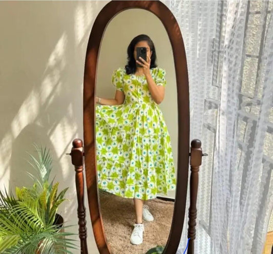 Fresh Green Floral A-Line Dress