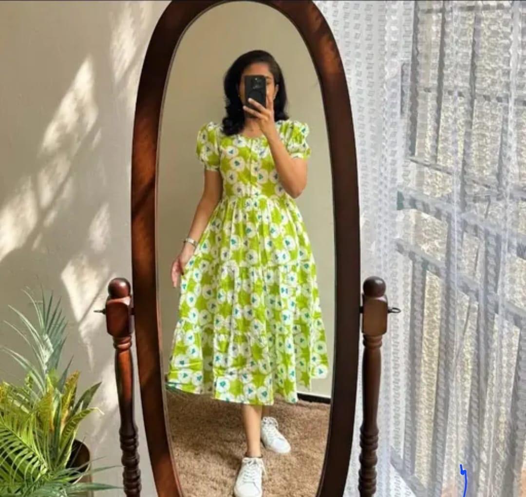 Fresh Green Floral A-Line Dress