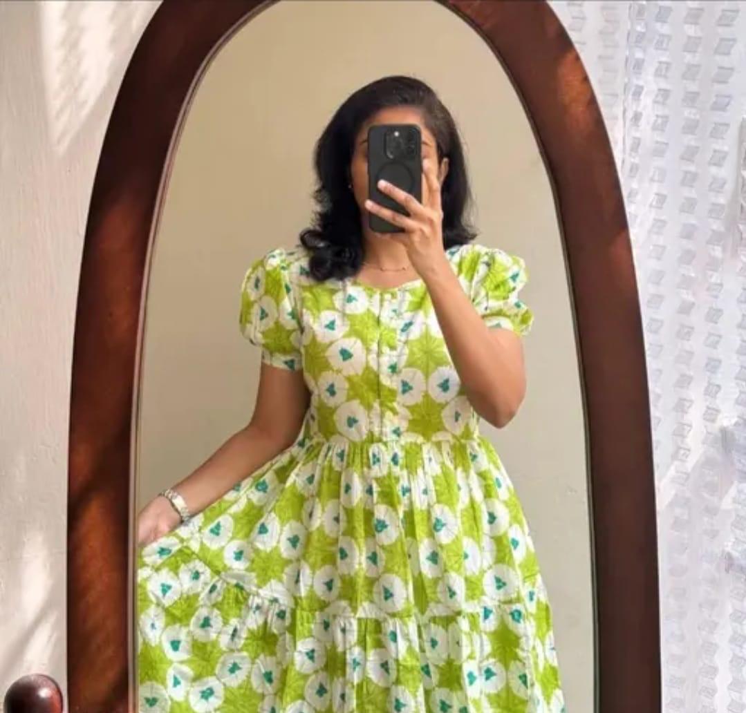 Fresh Green Floral A-Line Dress