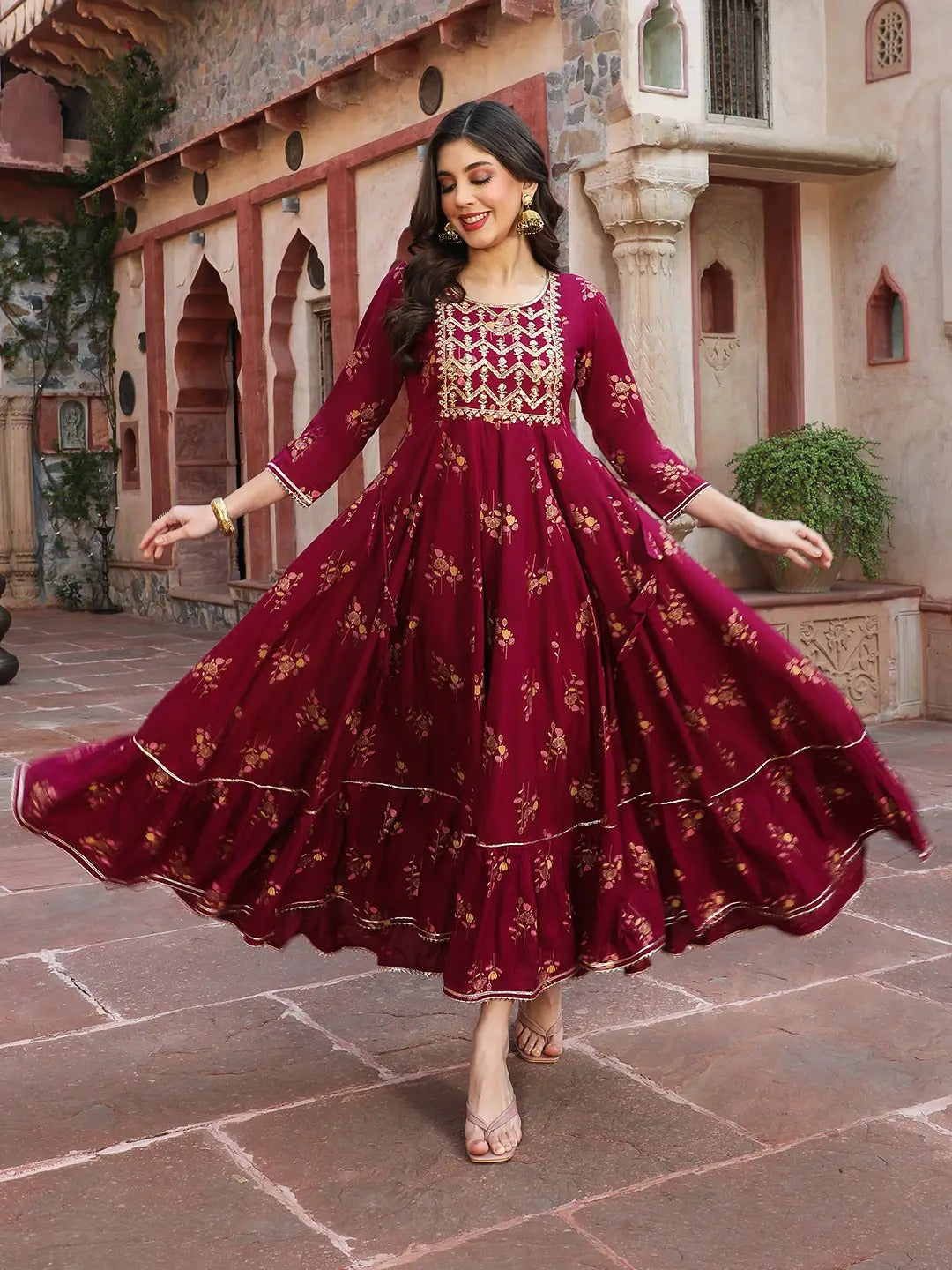 Red Printed Cotton Blend A-line Kurta