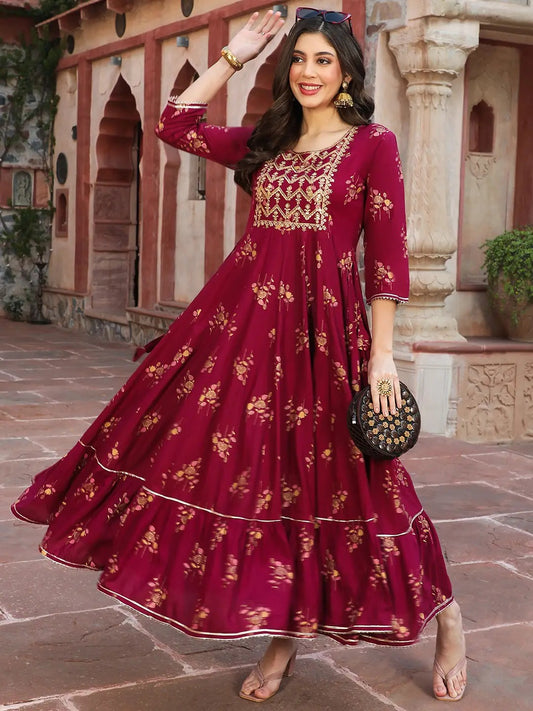 Red Printed Cotton Blend A-line Kurta