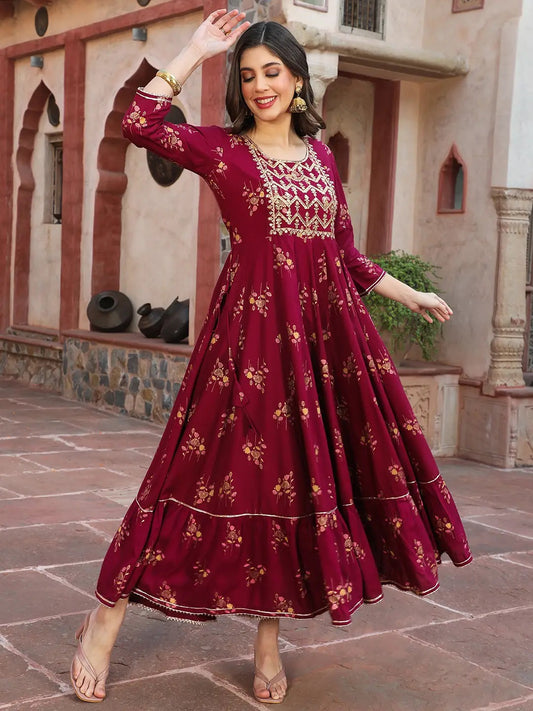 Red Printed Cotton Blend A-line Kurta