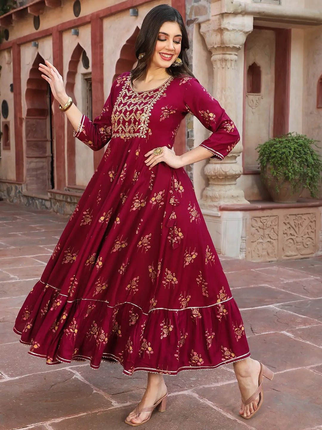 Red Printed Cotton Blend A-line Kurta