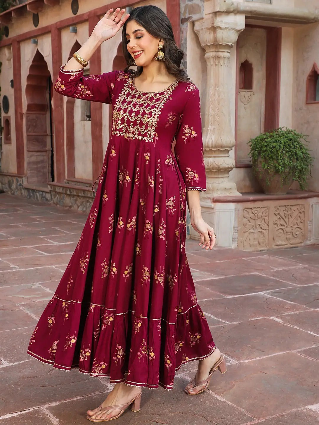 Red Printed Cotton Blend A-line Kurta