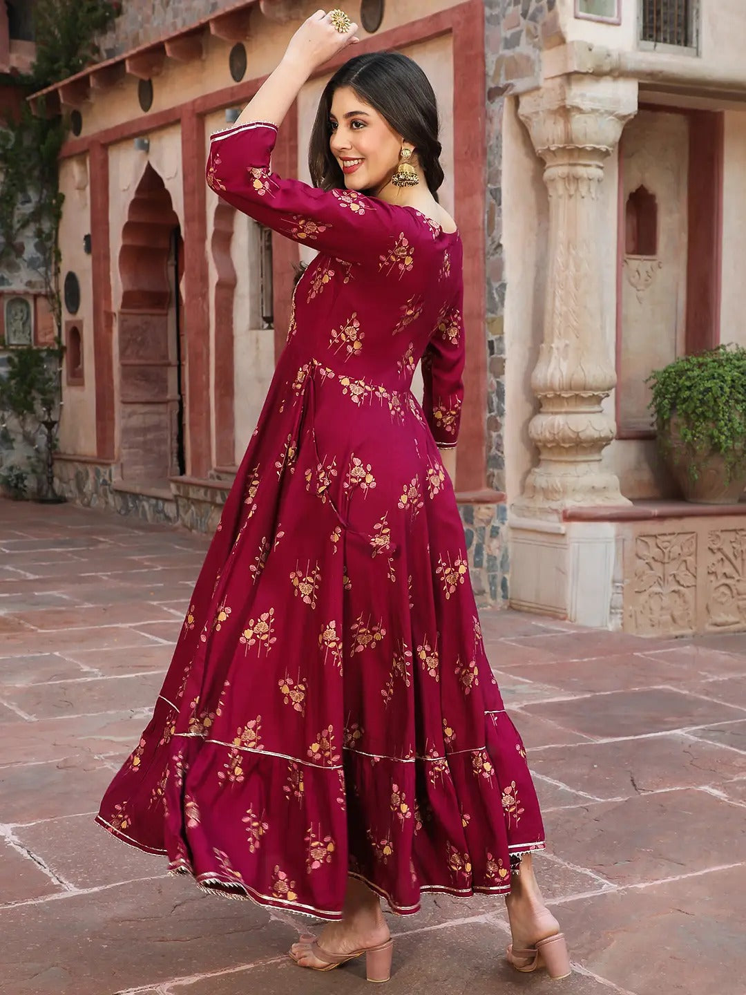 Red Printed Cotton Blend A-line Kurta