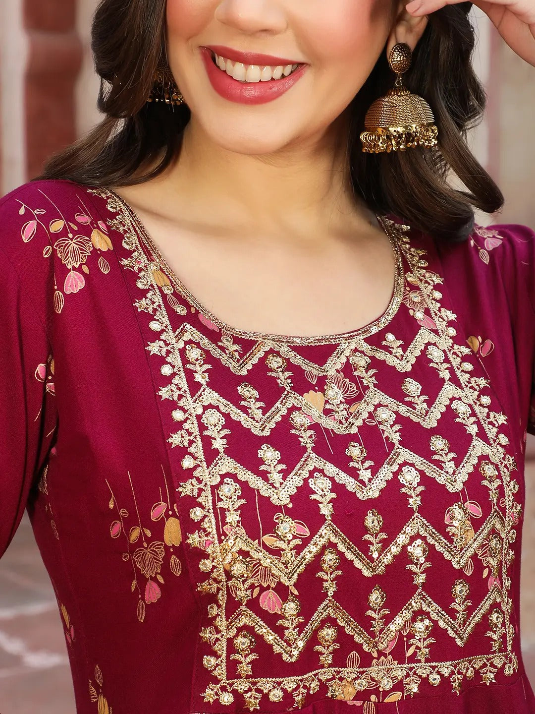 Red Printed Cotton Blend A-line Kurta