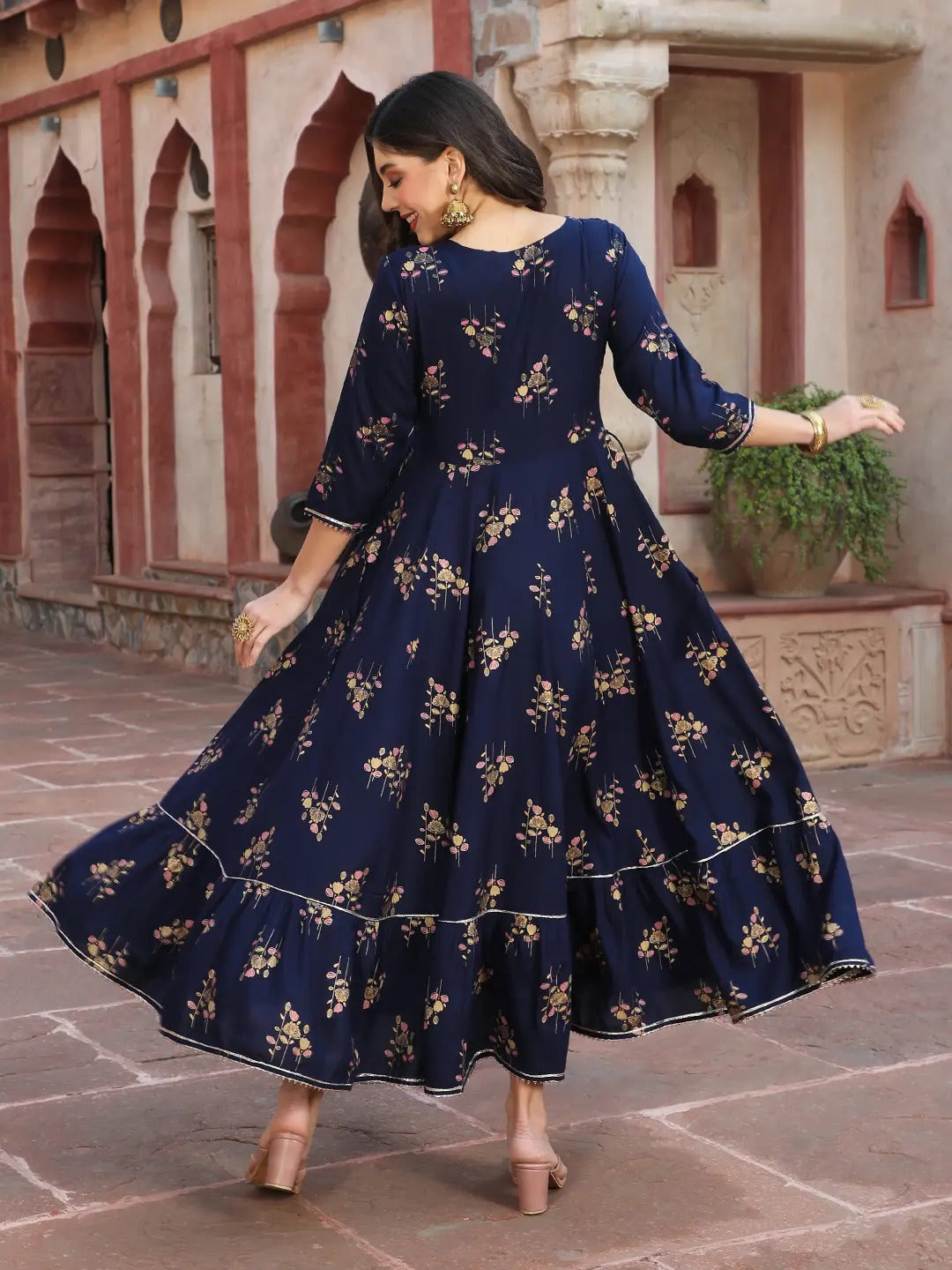 Women’s Blue & Gold Printed A-line Kurta with Gota Patti Embroidery