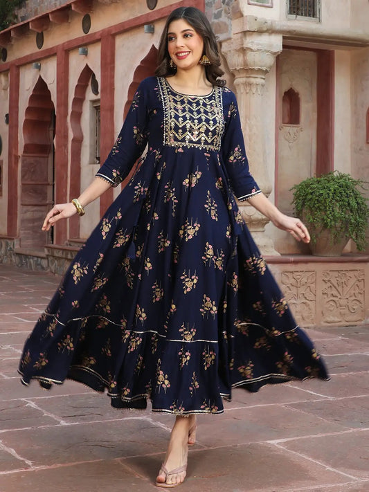 Women’s Blue & Gold Printed A-line Kurta with Gota Patti Embroidery