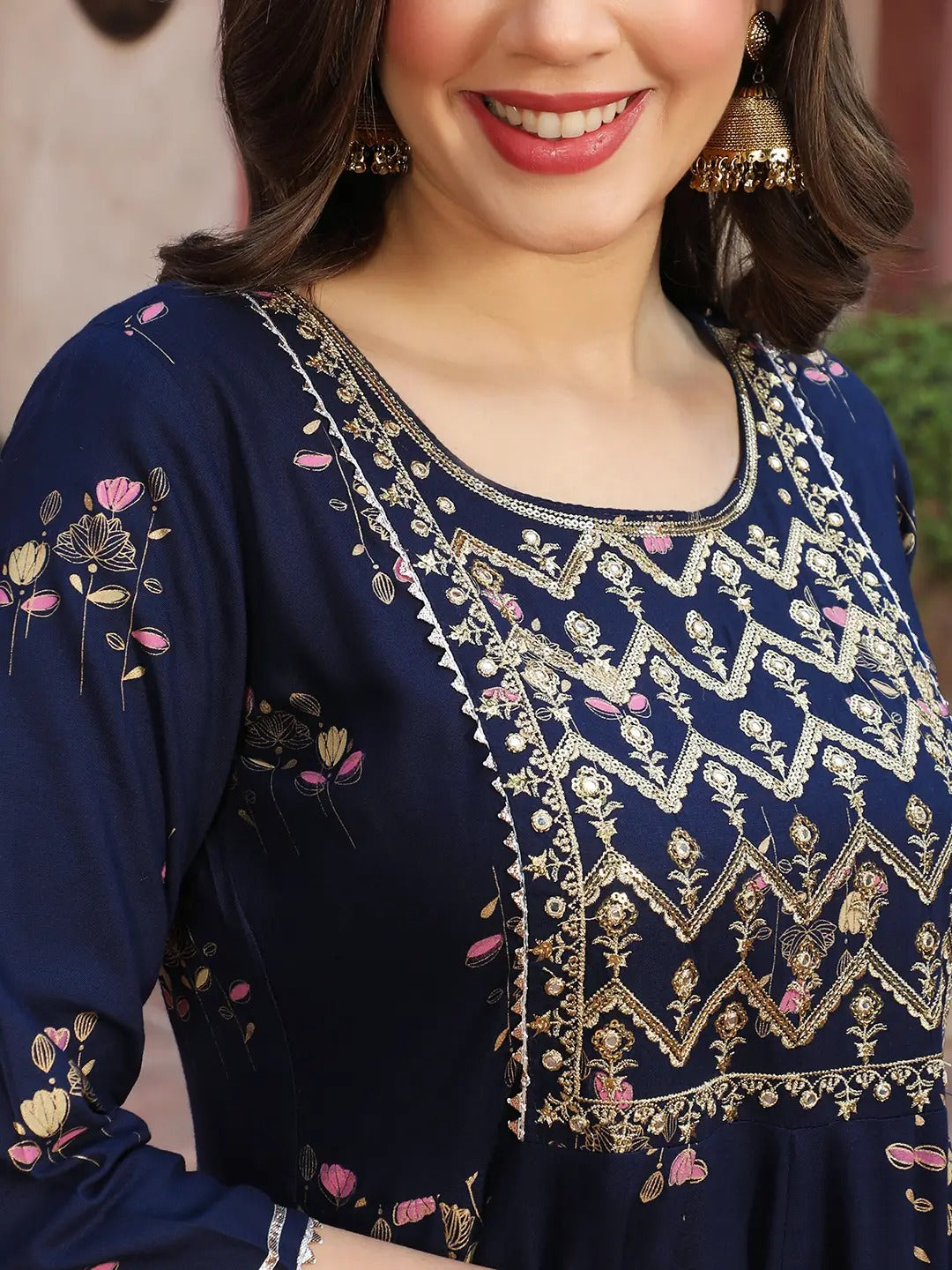 Women’s Blue & Gold Printed A-line Kurta with Gota Patti Embroidery